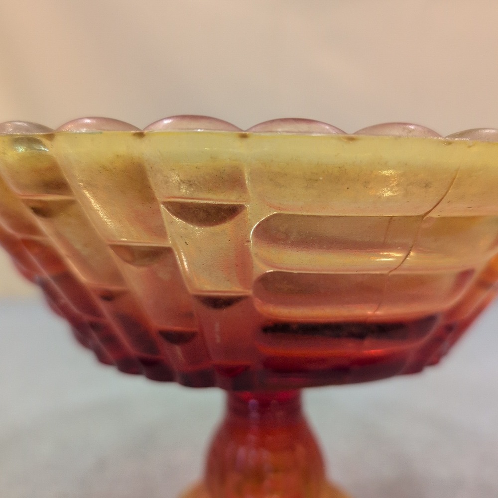 Vintage Amberina Glass Basketweave Compote Footed Candy Dish Red Yellow Scallop - Picture 4 of 7